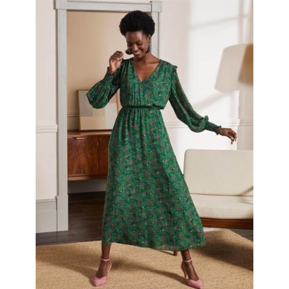 Boden Becky Midi Wrap Dress Green Paisley Floral Long Sleeve V-Neck US 10R